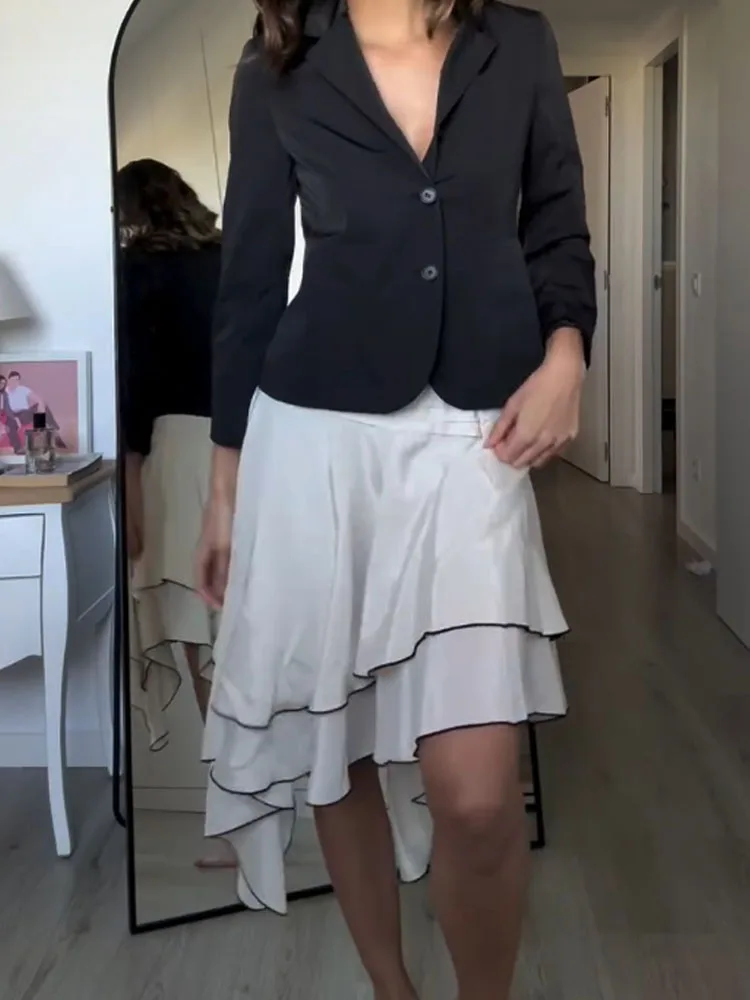 

HH Women's Fashion Solid Layered Ruffle Hem Asymmetric Skirt Female Summer High Waist Zipper Street Style Casual Slim Long Skirt