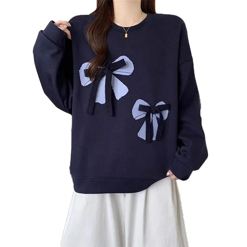 

Женская темно-синяя толстовка с принтом в виде банта, круглым вырезом, длинными рукавами, свободного кроя, повседневный топ