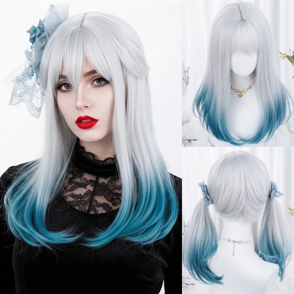 MSIWIGS Women Synthetic Lolita Wig Long Straight Ombre Two Tone Silver Grey Blue Hair For Cosplay With Bangs