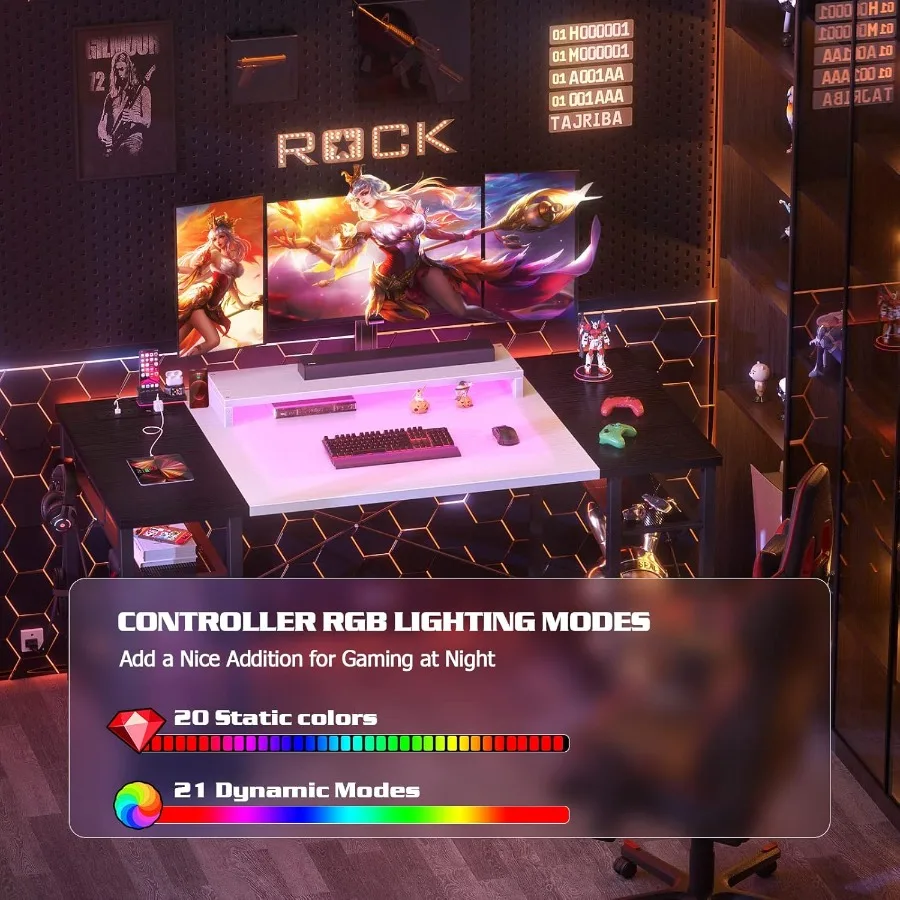 مكتب كمبيوتر 55 بوصة مع أضواء LED مدمجة ومنافذ USB مدمجة ومنافذ USB بتصميم قابل للعكس مع شاشة قابلة للتعديل S #5