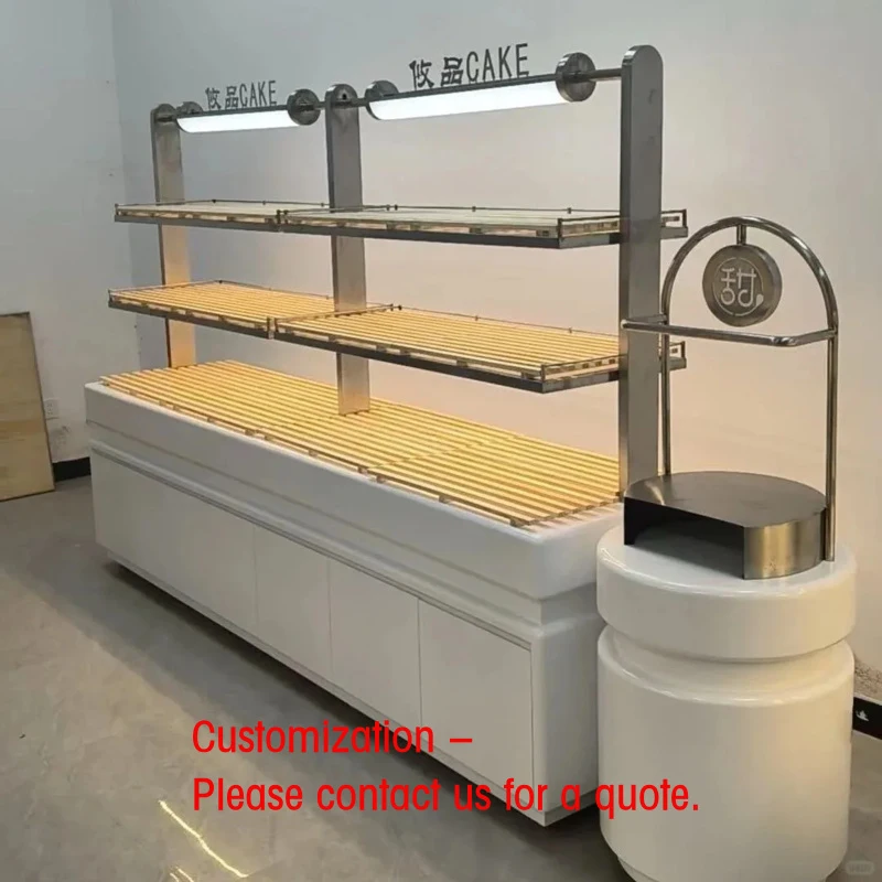 custom.Commercial Bakery Bread Display Stand LED Lighting Varnished Glass Back Heavy Duty Construction Customizable