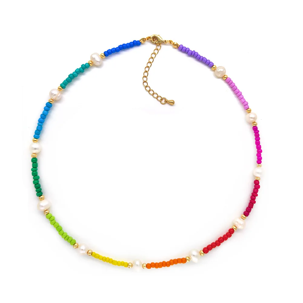 

Rice bead necklace Originality Pearl Rainbow Bohemia Gradient color Hand knitting Adjustable Female Fashion Beaded necklace