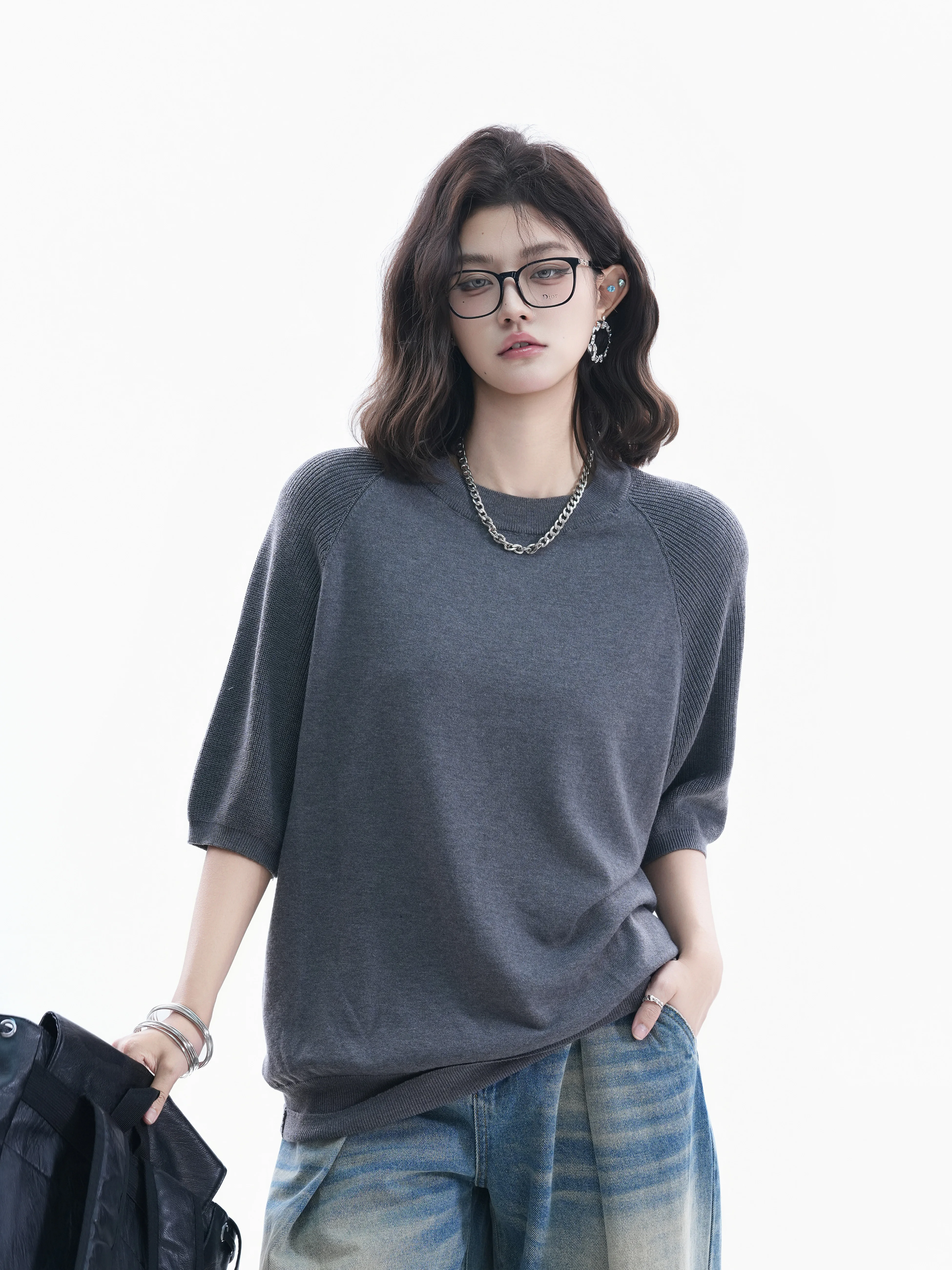 American Retro Knitted Top Shoulder Sleeve Loose Women's Lazy Style Design Couple Small Audience Upper Body Polyester Blend