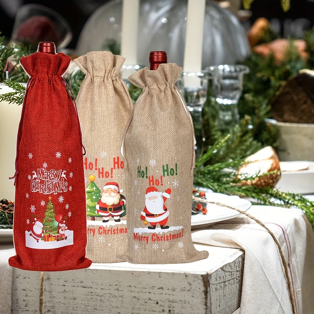 Festive Christmas Wine Bottle Gift Bags - Red & Khaki Burlap Tote Bags with Santa Claus, Christmas Trees, Christmas Decorations view 5