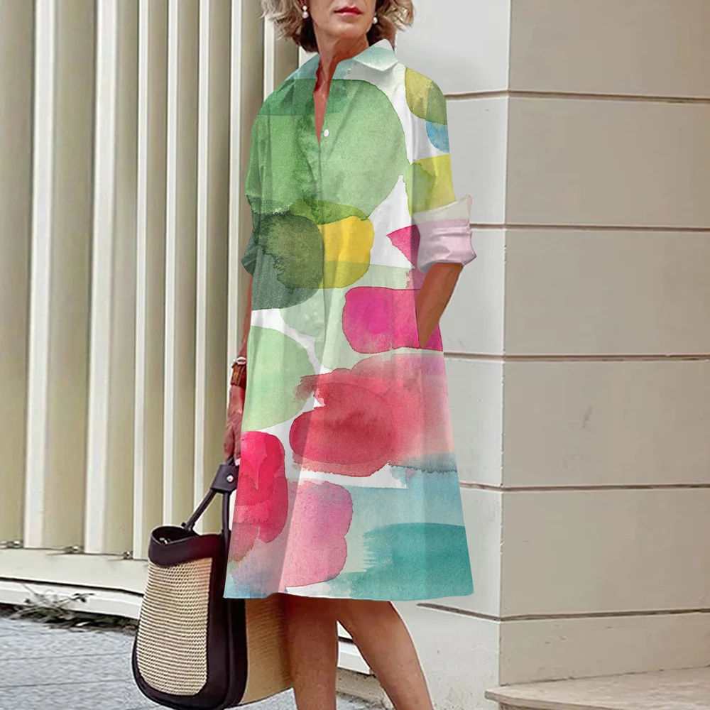 2024 Summer Women's Mid-Length Dress Fashion Ladies Colourful Printed Button Down Shirt Dress Turn-down Collar Commuter Dresses