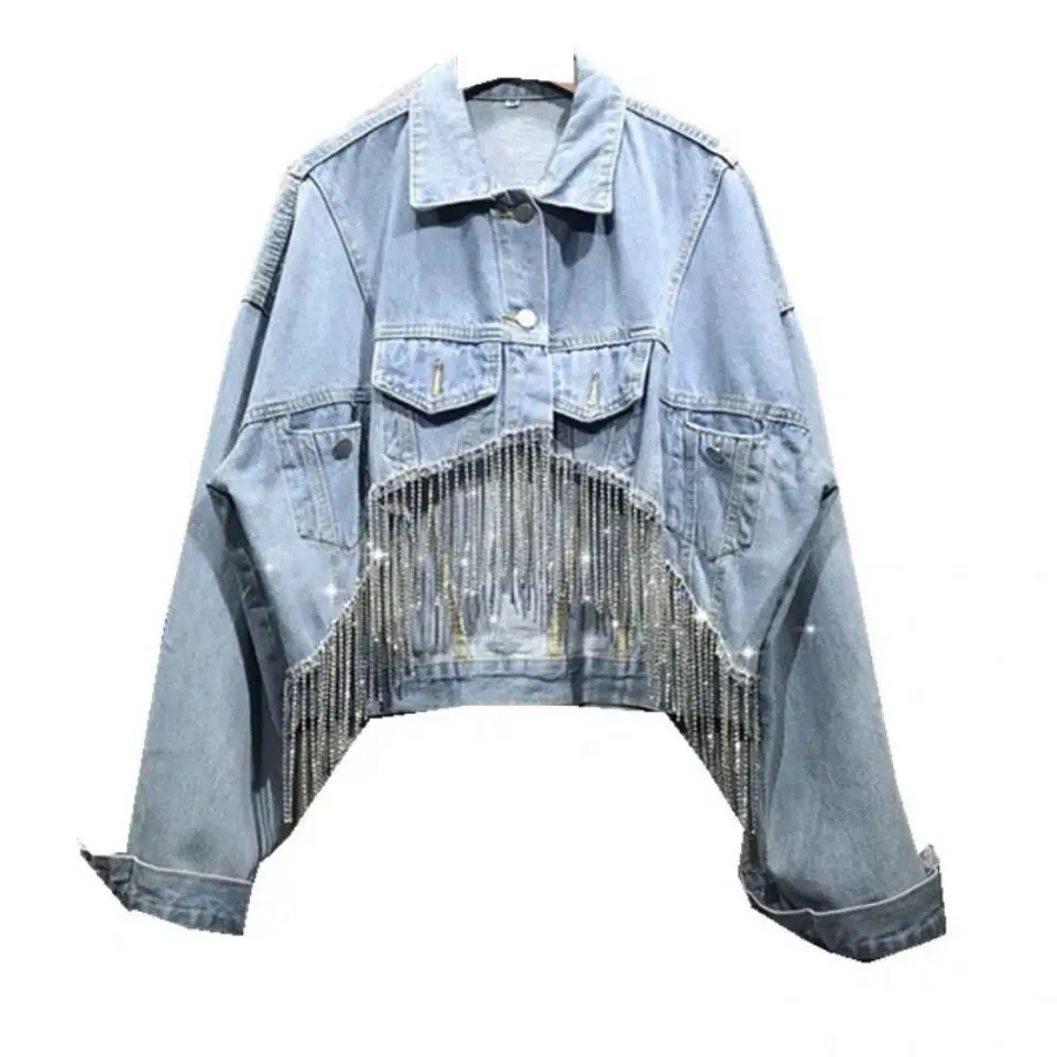 Autumn Denim Clothing Women Jacket Coat New Rhinestone Tassel Loose Short