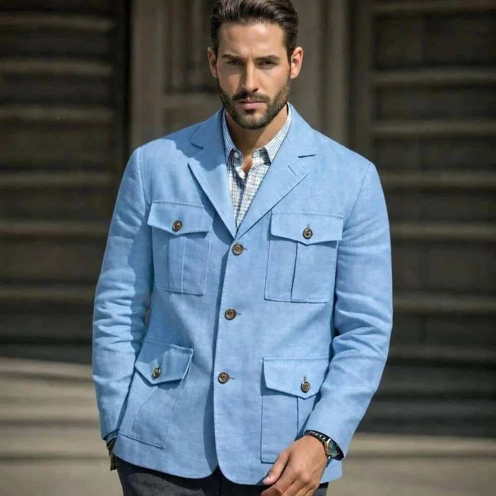 Blazer Azul de Lino Estilo Saf - Men'S Formal Resort Wear reseña y precio