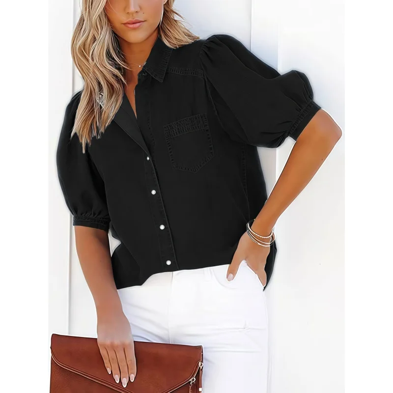 Camisa feminina casual de manga curta com botão solto blusa de algodão leve respirável verão escritório workwear estilo elegante