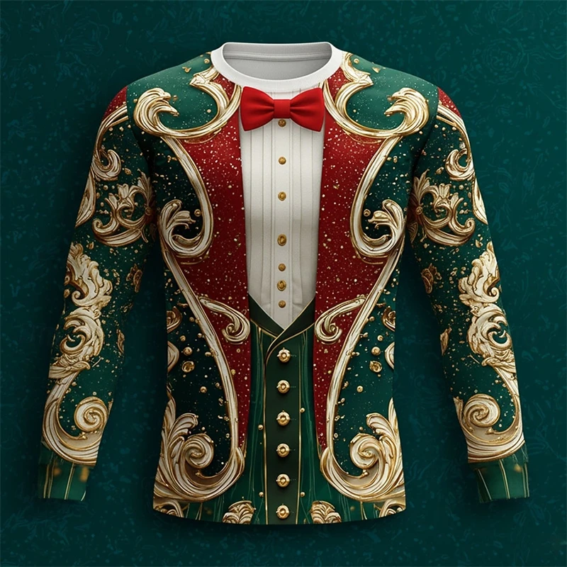 Realistic Suit Pattern Christmas T Shirt For Men Funny Fashion 3D Printed Long Sleeve T-shirts Casual Oversized Tees Pullovers
