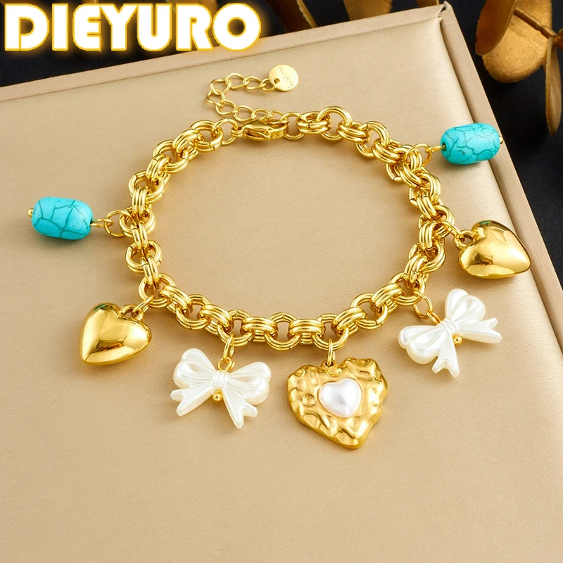 DIEYURO 316L Stainless Steel Golden Heart Inlay Pearl Turquoise Acrylic Bowknot Bracelet Lady New Classic Wrist Chain Jewelry