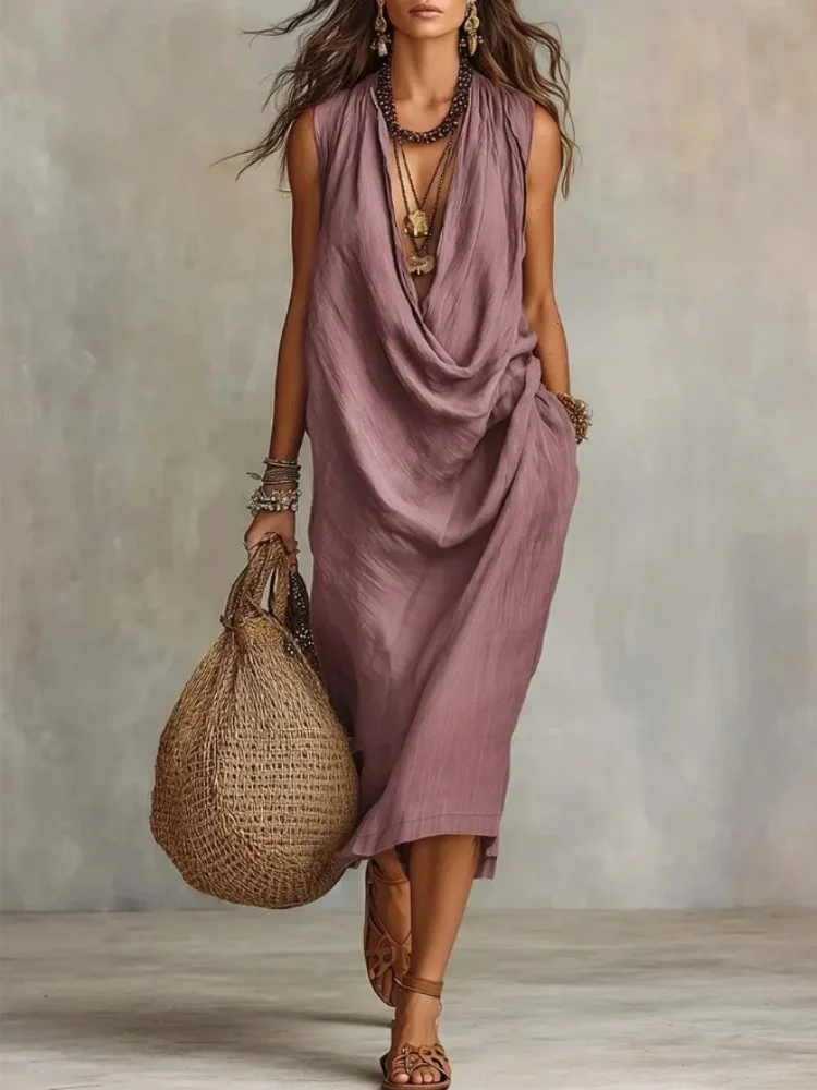 

Elegant Cotton Linen Long Dress for Women Loose Draped Neckline Sleeveless Pocket Vestido Summer Casual Beach Vacation Dresses