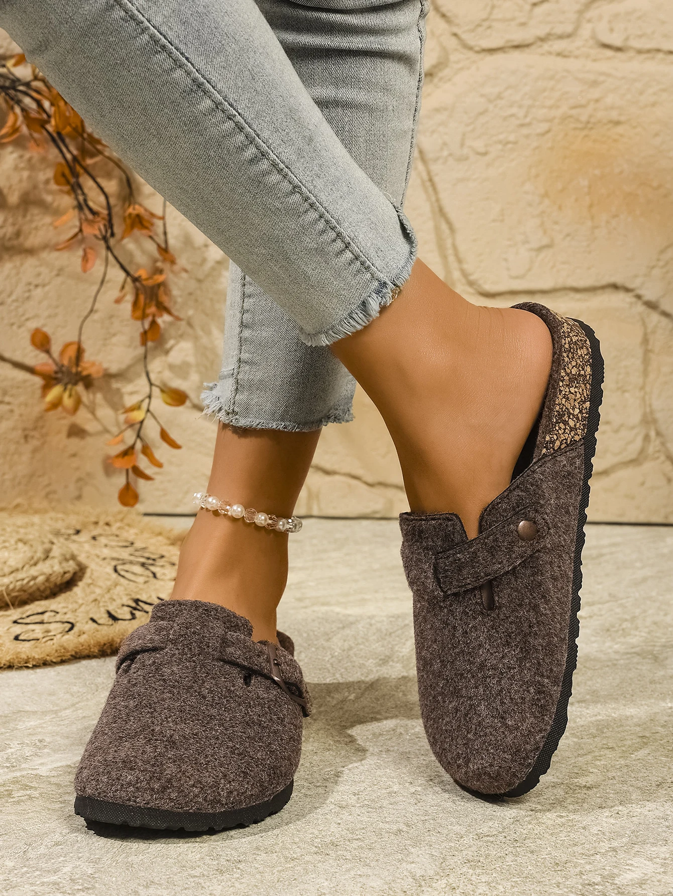 المرأة الربيع والخريف عادية بسيطة الصوف العلوي دافئ ومريح شقة الانزلاق على الفلين الحبوب مغلقة تو النعال البغال