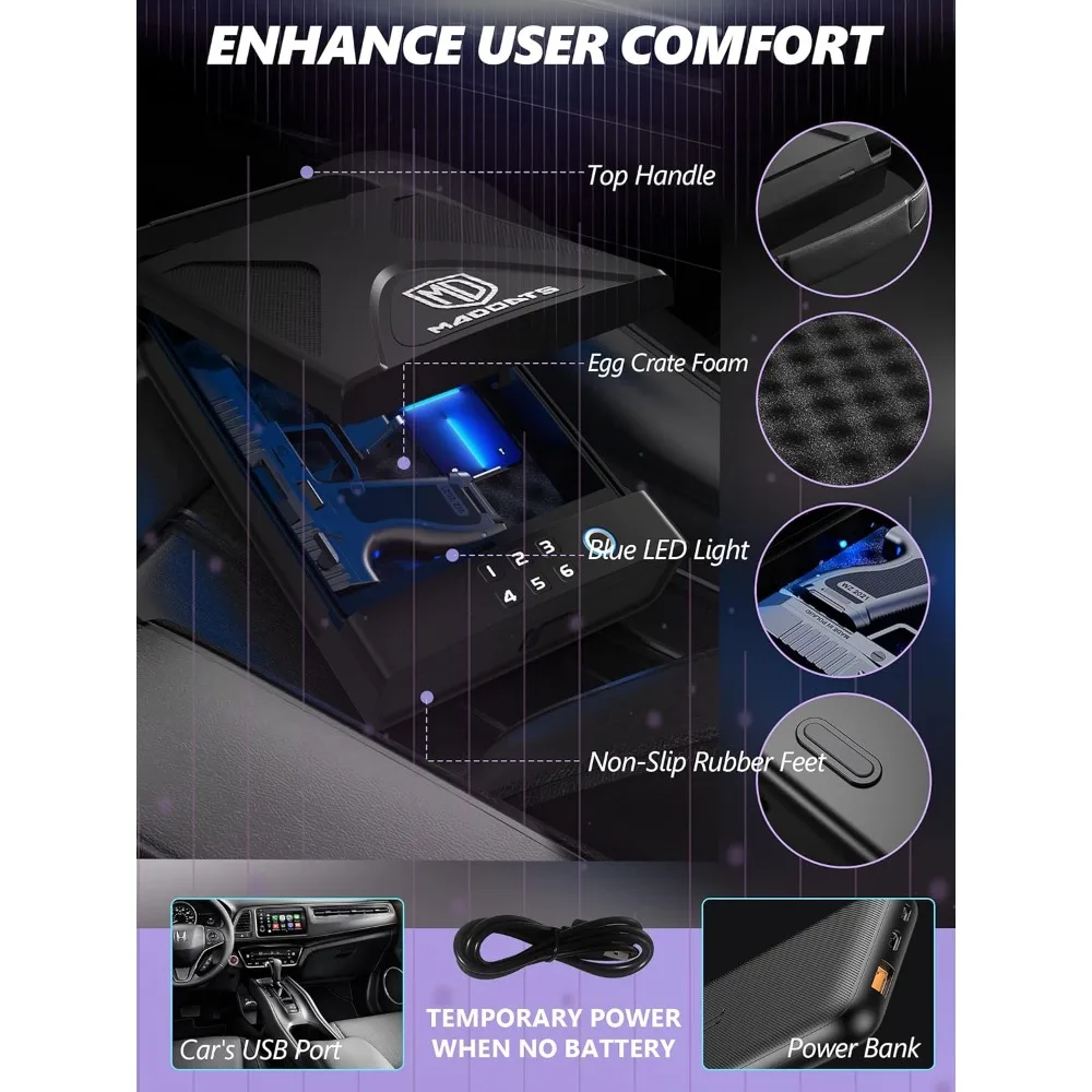 Car Gun Safe, Portable Biometric Safes for Pistols with Cable, Fingerprint & Keypad & Key Access Handgun Lock Box for Vehicle Tr