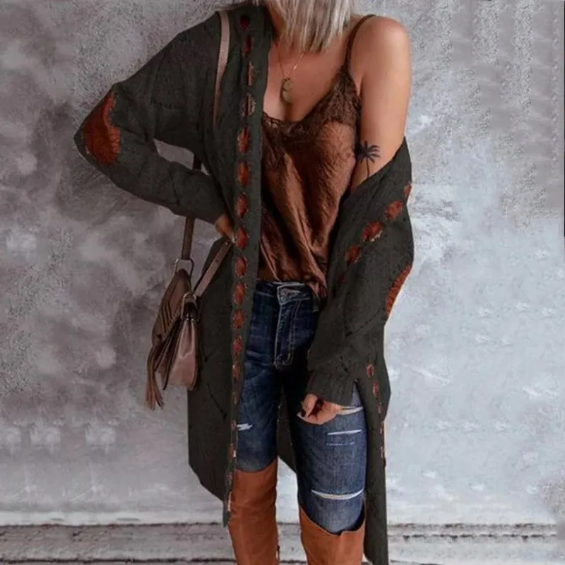 Vintage Women Oversized Hooded Long Cardigan Knitted Sweater Jumper Sweaters Knitted Plaid Casual Brown Coat Jersey Mujer Jacket