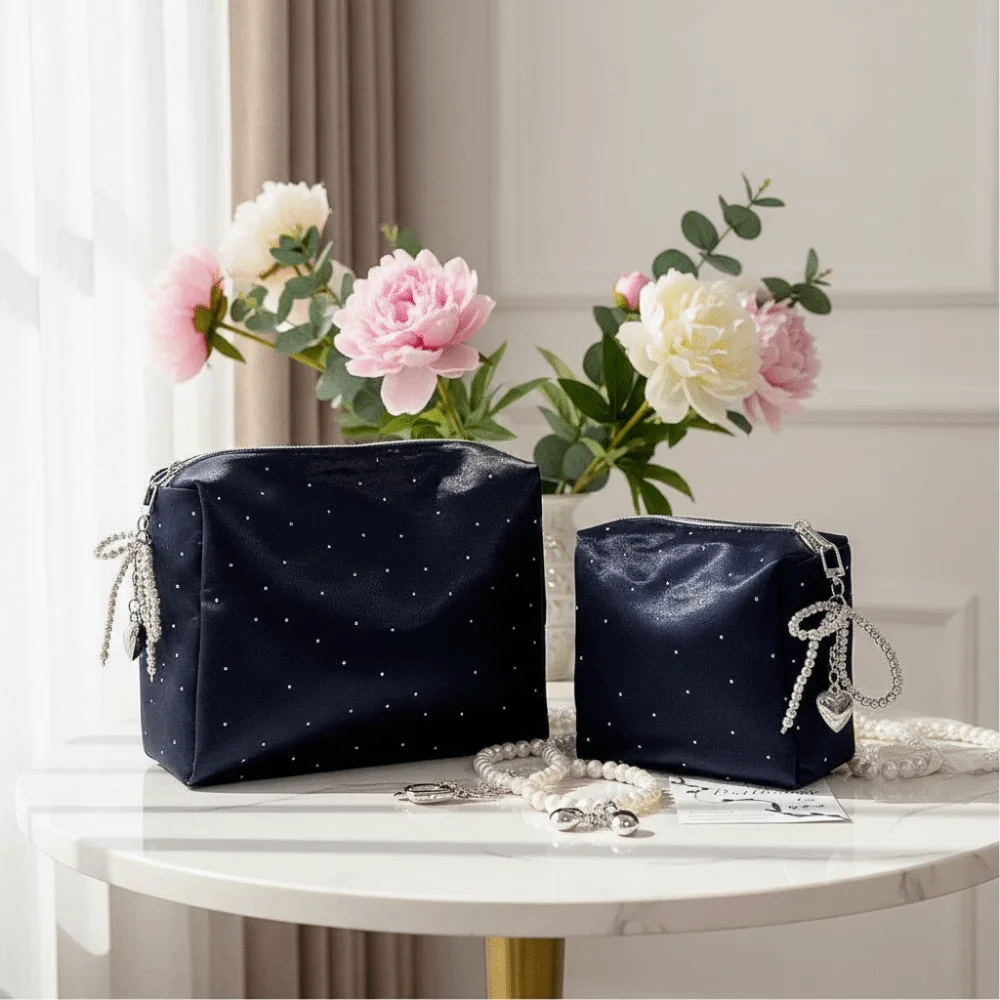 Luxury Sequin Cosmetic Bag Handheld Zipper Cosmetic Organizer Beaded Bowknot Portable Makeup Storage Bag Women and Girls