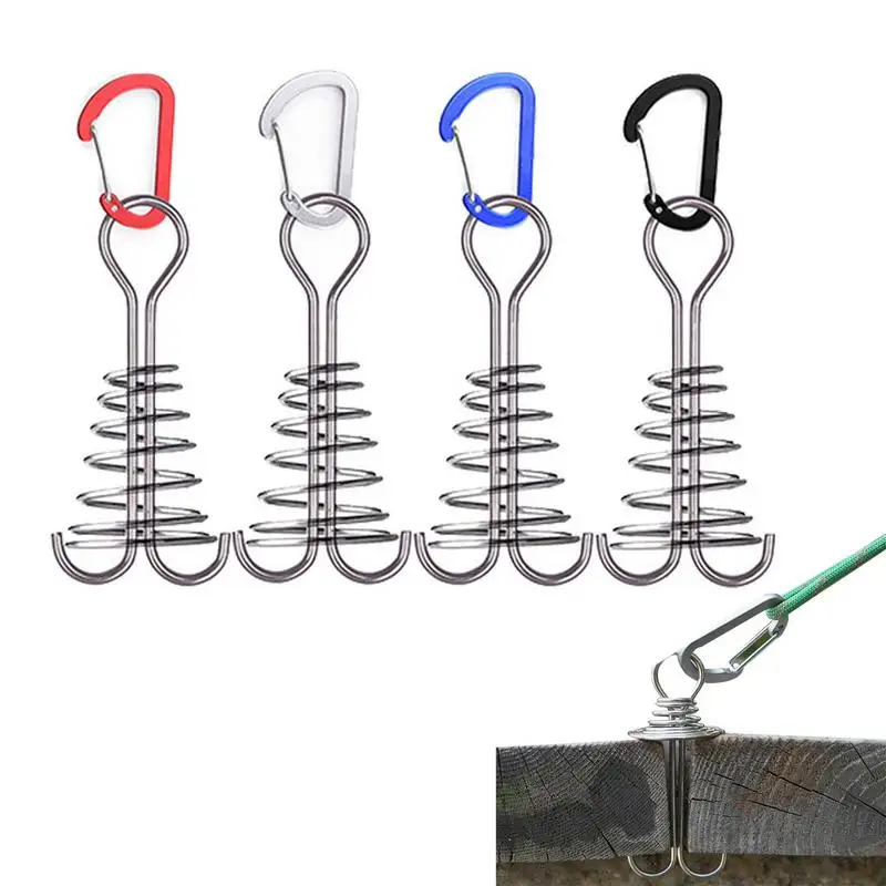 Awning Rope Tensioner 4 Pcs Camping Deck Anchor Steel Spring Hook Tent Wind Rope Tensioner Deck Peg For Outdoor Hiking