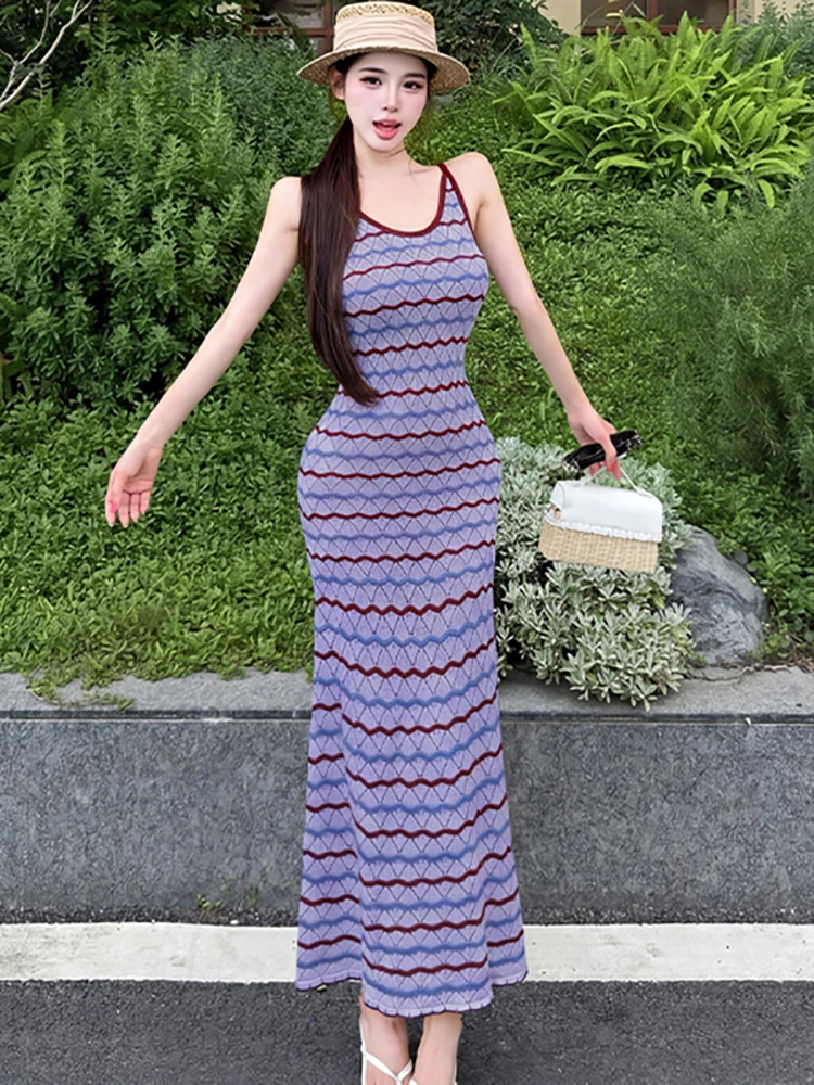 2026 Purple Knitted Striped V-Neck Sling Long Dress Women Elegant Casaul Holiday Dress Summer Korean Fashion Bodycon Party Dress