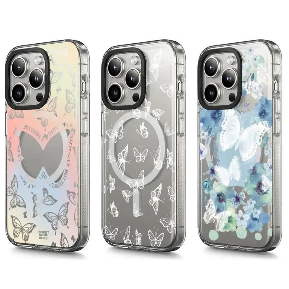 

Butterfly Acrylic Transparent Border iPhone 13 14 15 16 Pro Max Case - Protective iPhone Case with MagSafe