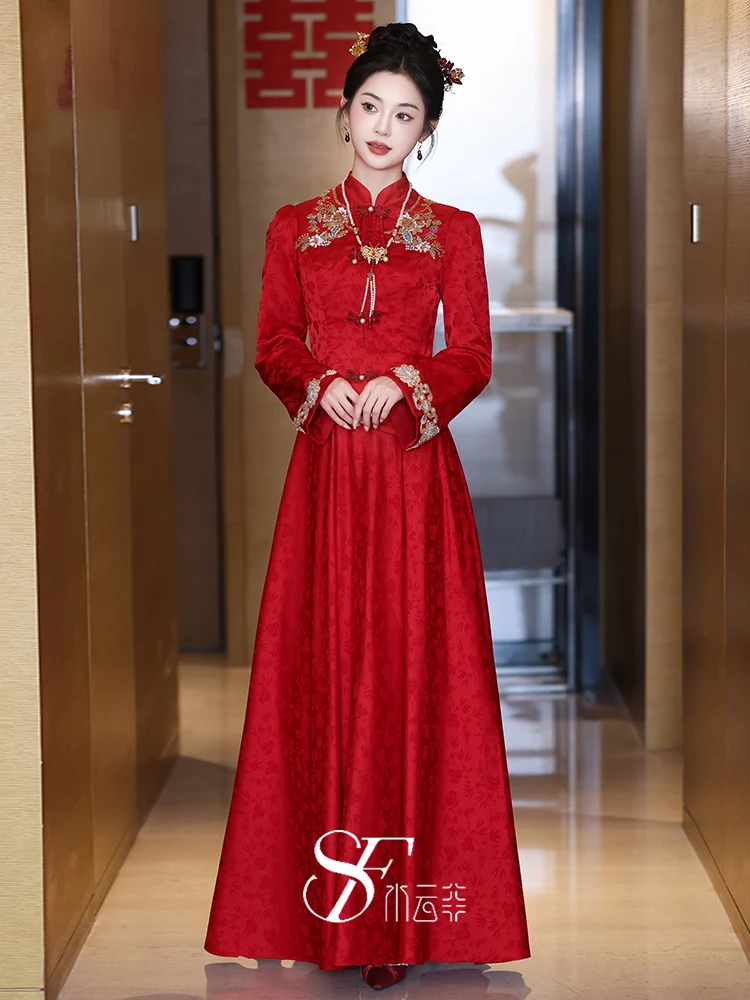 

Red Long Sve Wedding Dr New Chinese Sle High End Sensation Women's Marriage Floor Length Embroidered Gown