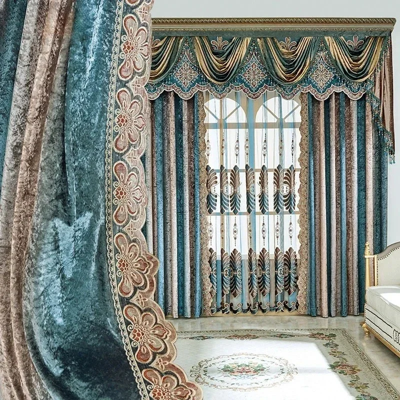 Vertical Gradient Laser Velvet European Living Room Dining Room Bedroom Decoration Luxury Curtains Embroidered Valance Custom