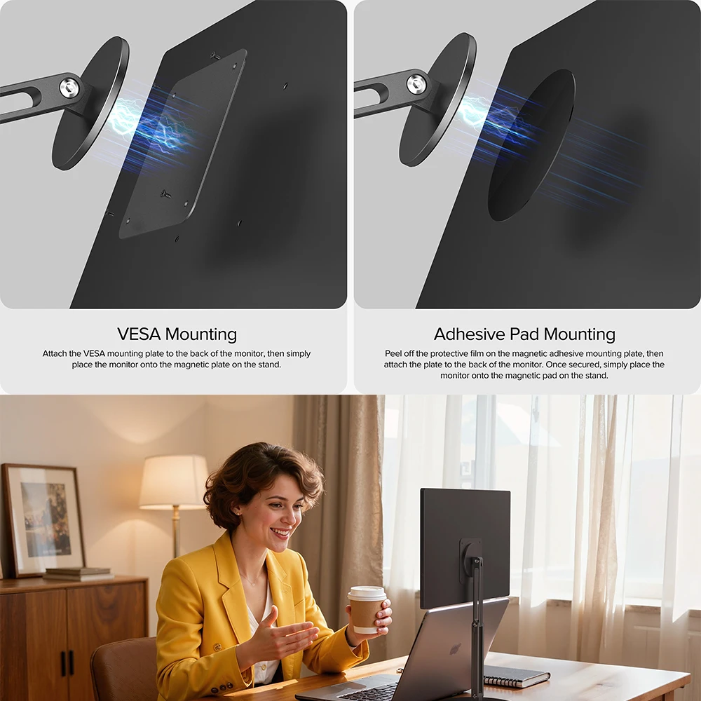 UPERFECT Magnetic Portable Monitor Stand VESA & Magnetic 2-in-1 iPad Holder Supports 10–19" Screens Up to 4.4 lbs Tablet Clamp