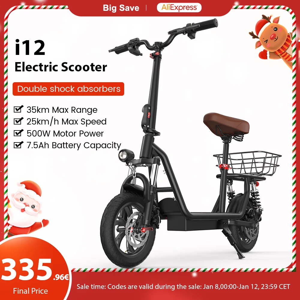 iScooter i12 Electric Scooter with Basket 500W 7.5Ah Electric Kick Scooter 12inch Pneumatic Tire 35km Range 25km/h eScooter