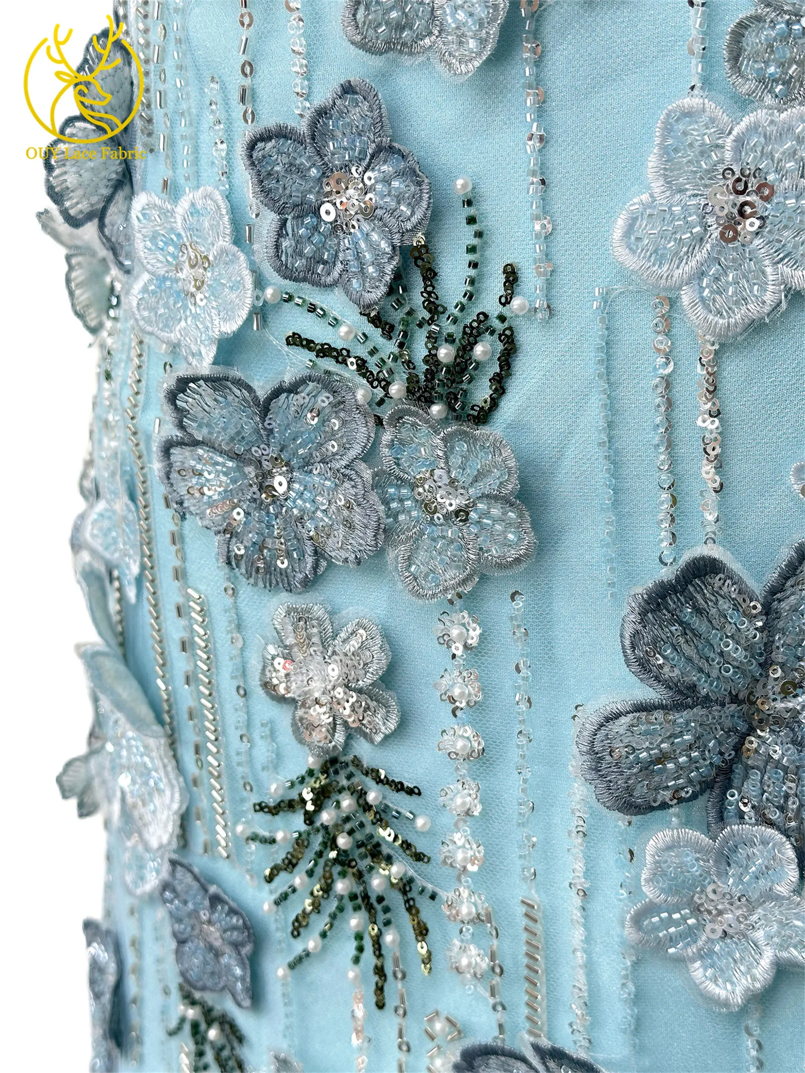 Maßgefertigter Luxus 3D Handbestickter Blumen-Spitzenstoff Hochwertige Afrikanische Perlen-Pailletten-Spitze für Hochzeitskleider und Näharbeiten – Detail 7
