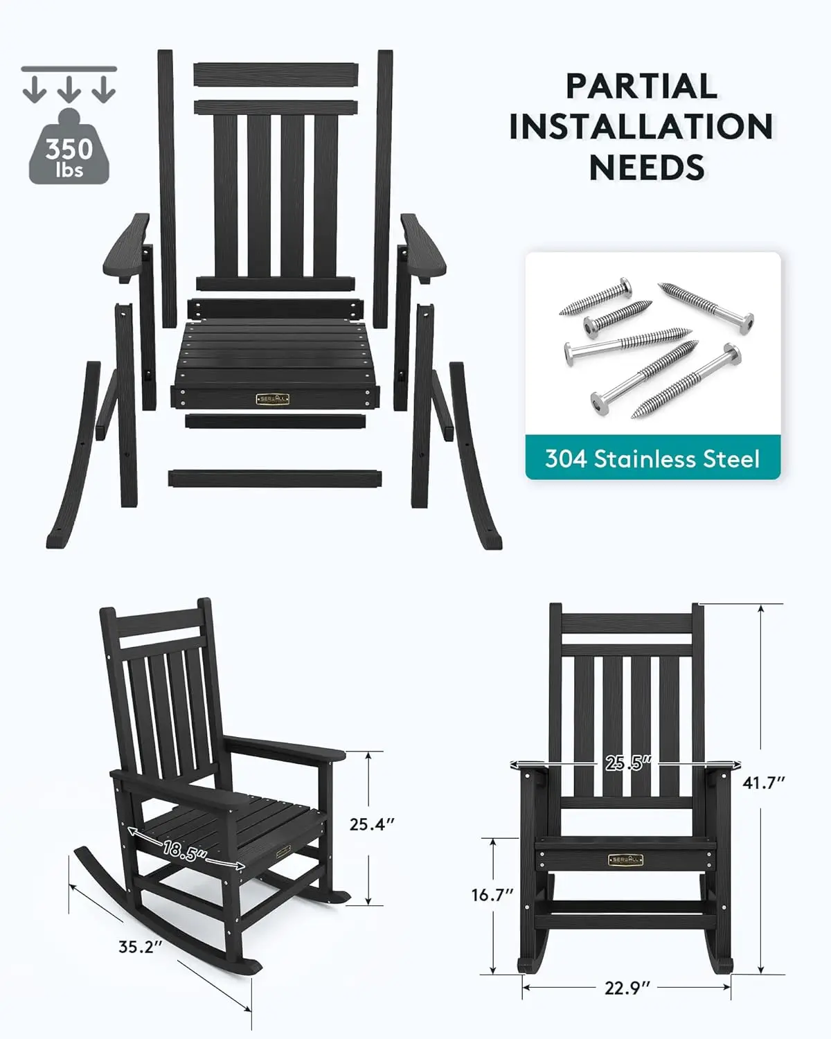 Mecedora para exterior, juego de 2, mecedora de HDPE para adulto, negra