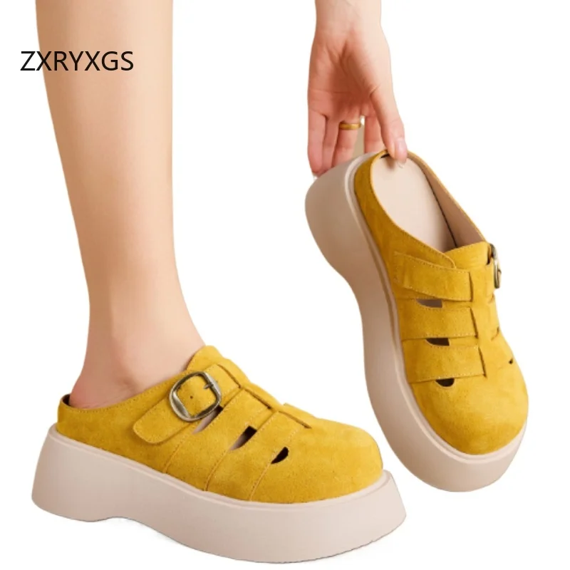 ZXRYXGS 2025 New Summer Premium Frosted Cowhide Woven Hollow Women Leather Slippers Platform Elevator Slipper Outside Shoes Tide