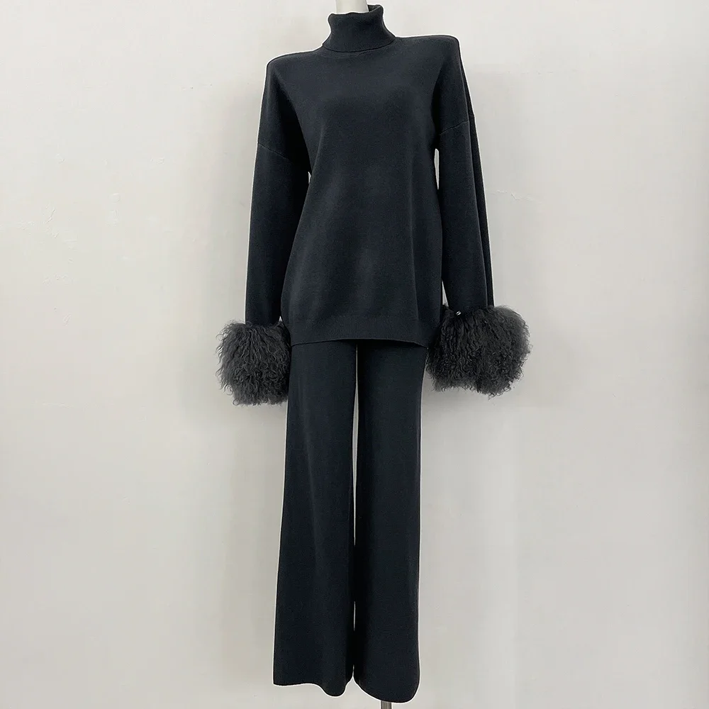 ニットウェア レディース ウール＆ブレンド ニットプルオーバー＆パンツ 本物のモンゴル産羊毛ファー袖口 セーターセット 本物の毛皮ニットスーツ 2025年新作