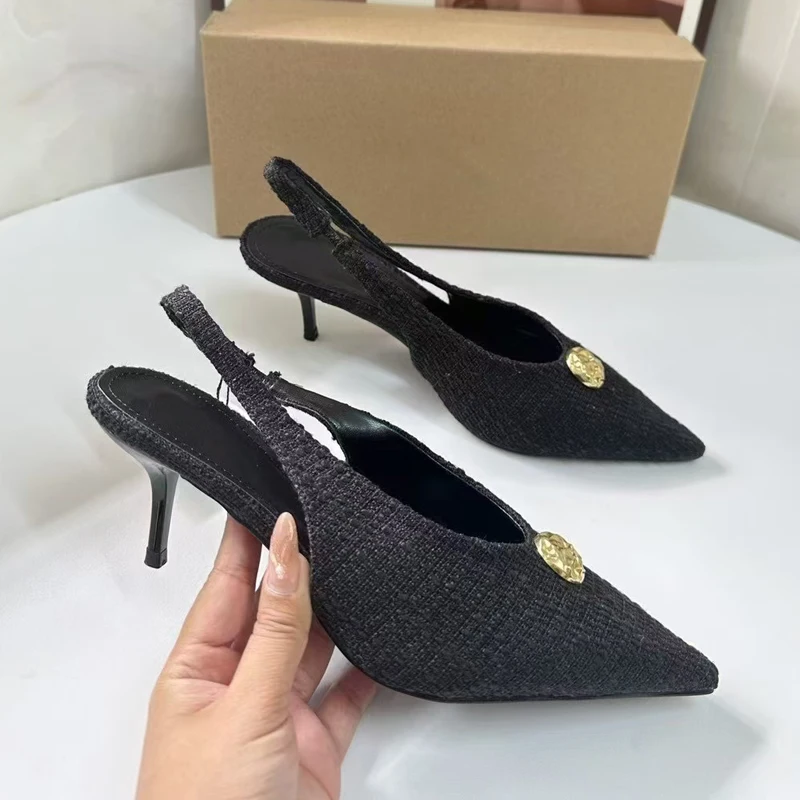 Zafetou Shoes Women 2024 Winter New Style Black Pointed Metal Decorative High Heels Fine Heeled Banquet Women's Sandals