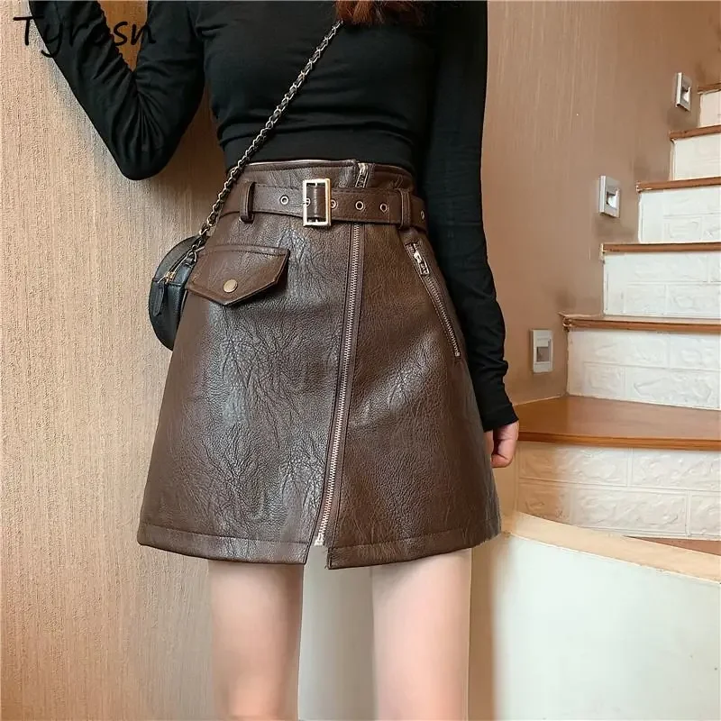 

Skirts Women PU Ladies Elegant Sexy Fashion Vintage Design Daily Autumn Empire Stylish Mini Classic All-match Korean Style Cozy