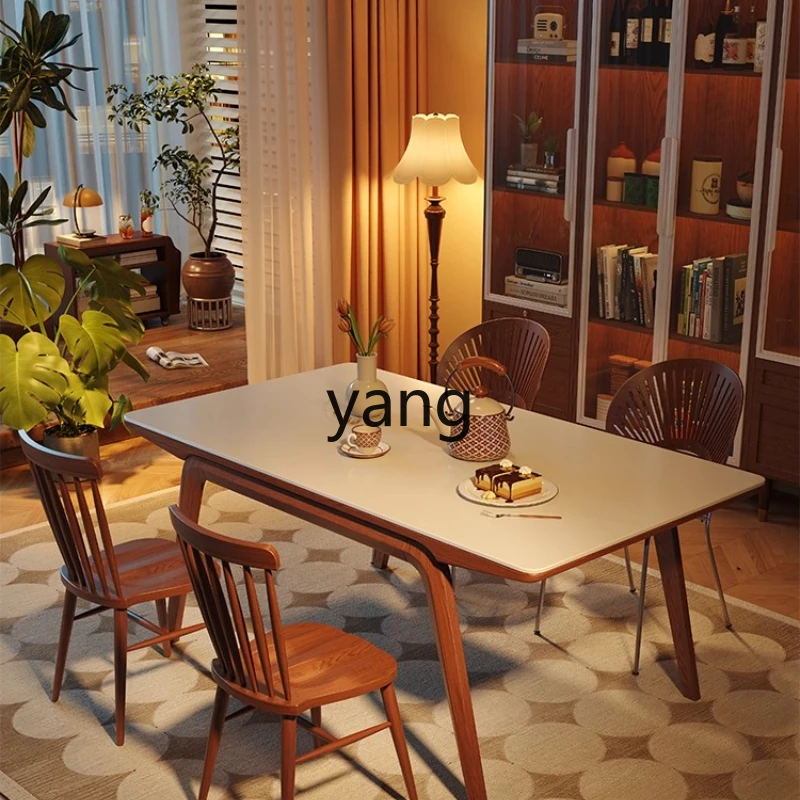 

YHM Rock Slab Dining Table Home Cream Style Solid Wood Chair Set