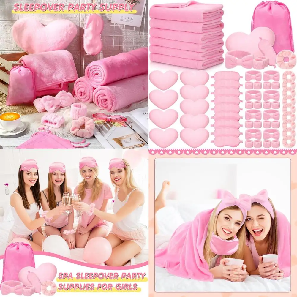 

63-Piece Spa Sleepover Party Supplies Set with Pink Blankets, Heart Pillows, Eye Masks, Bands, Wristbands, Scrunchies, and Gift