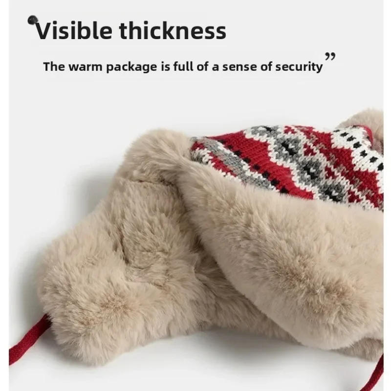 Ethnic Jacquard Plush Protective Lei Feng Hat Ear Protection Wool Warm Cap for Women Autumn Winter Ski Outdoor Travel