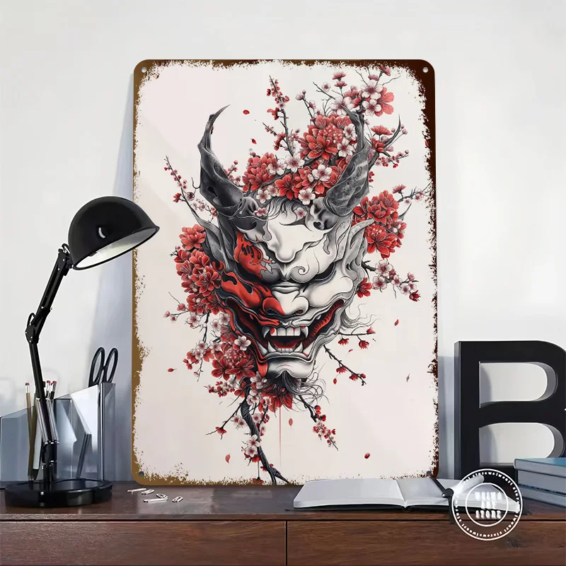 Minimalist Japanese Oni Tinplate Posters Customizable Wall Art Retro Vintage Metal Signs for Home Room Desk Decor Wand Deko the