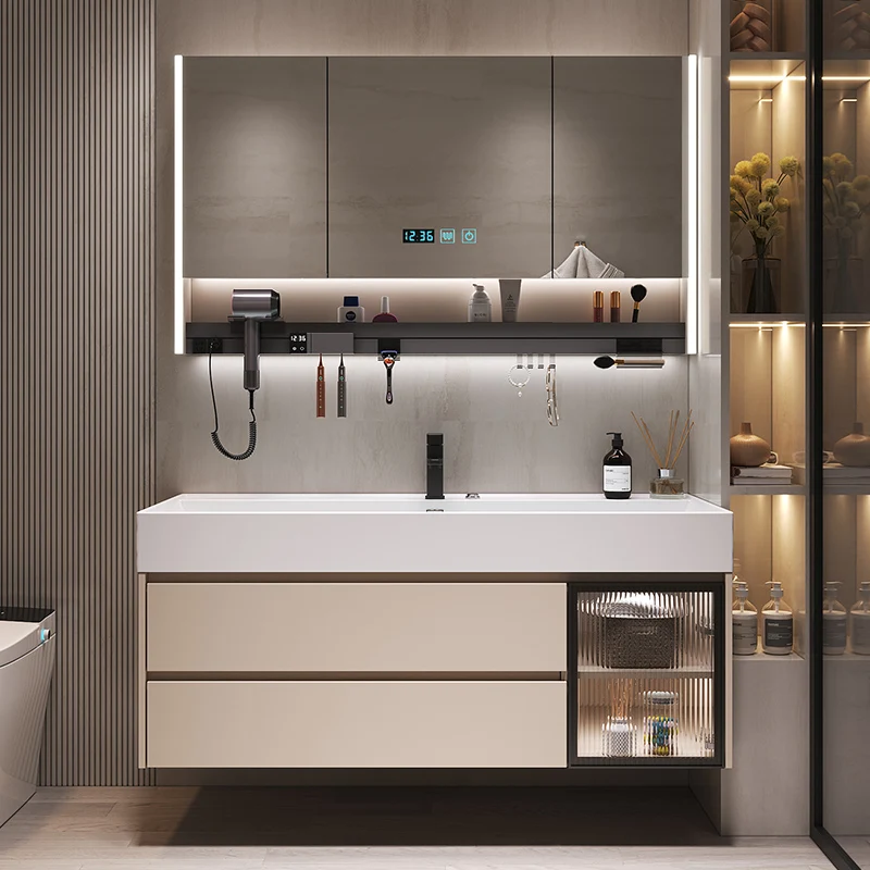 

Modern nano rock integrated basin light luxury bathroom cabinet combination double faucet washstand wash basin washbasin