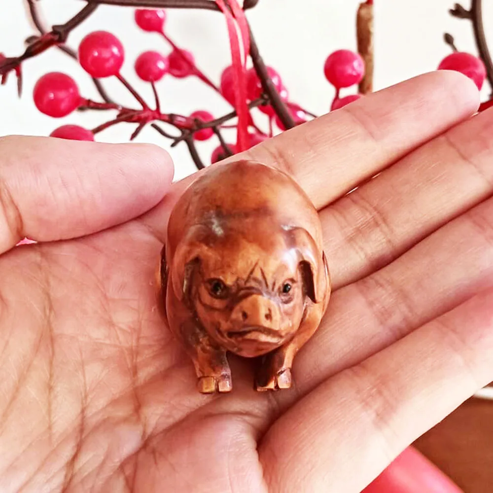 20 YEARS OLD 2 INCH Japanese Boxwood Netsuke Hand Carved Animal Sculpture Miniature - Angry Pig