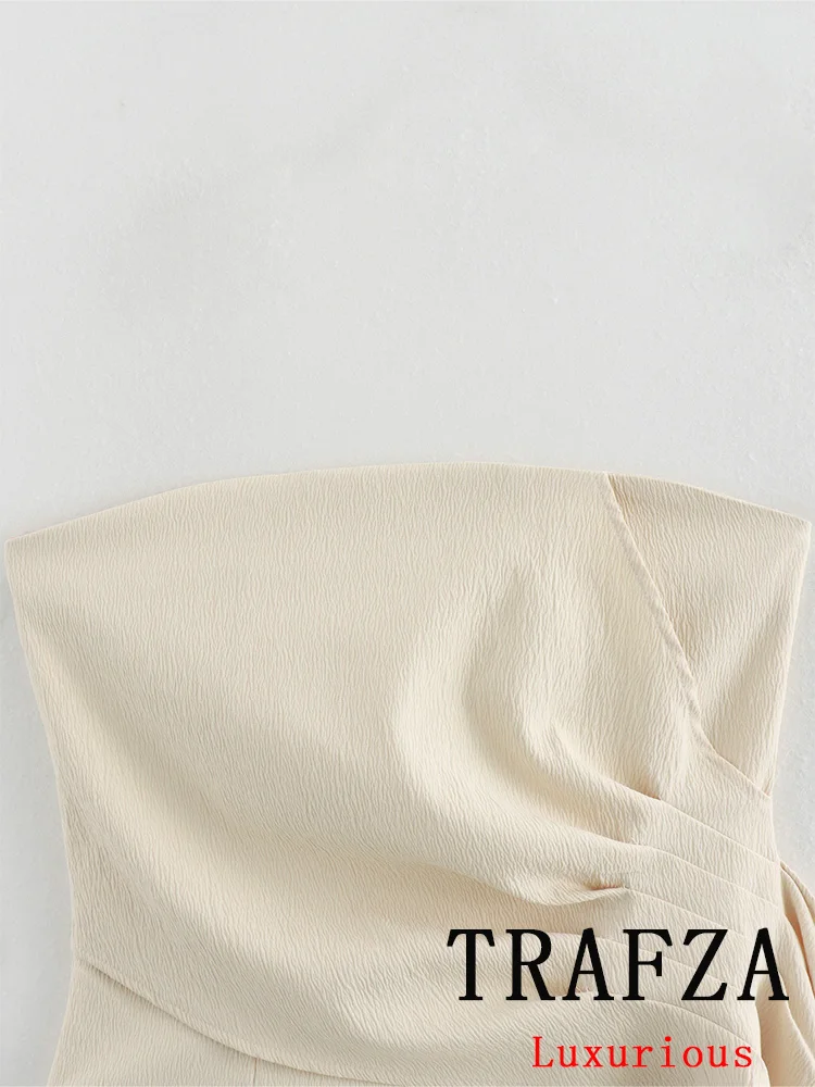 TRAFZA Vintage Casual Sexy Women Tops Beige Solid Sleeveless Strapless Folds Short Slim Vest Fashion 2024 Summer Holiday Tops