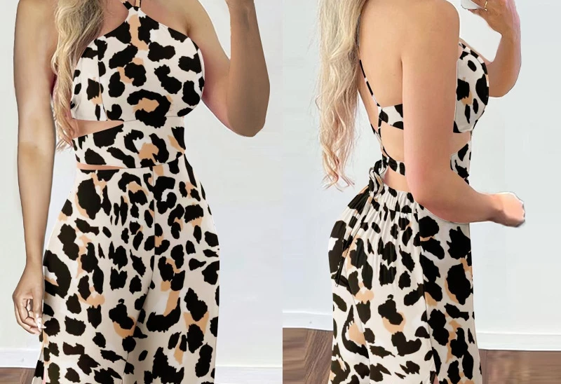 여성 봄 여름 점프 슈트 레오파드 프린트 컬러 민소매 하이 웨이스트 와이드 레그 팬츠 캐주얼 패션 편안한 레귤러 외장