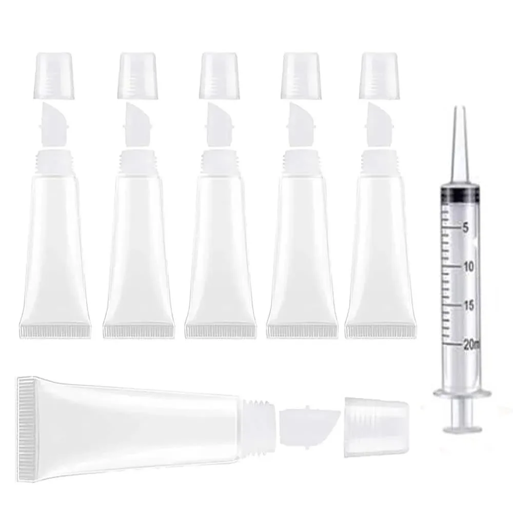 5ml/10ml Empty Lip Gloss Tubes Clear Lip Balm Tubes with 20ml Syringes Refillable Squeeze Lip Balm Containers DIY Lip Gloss
