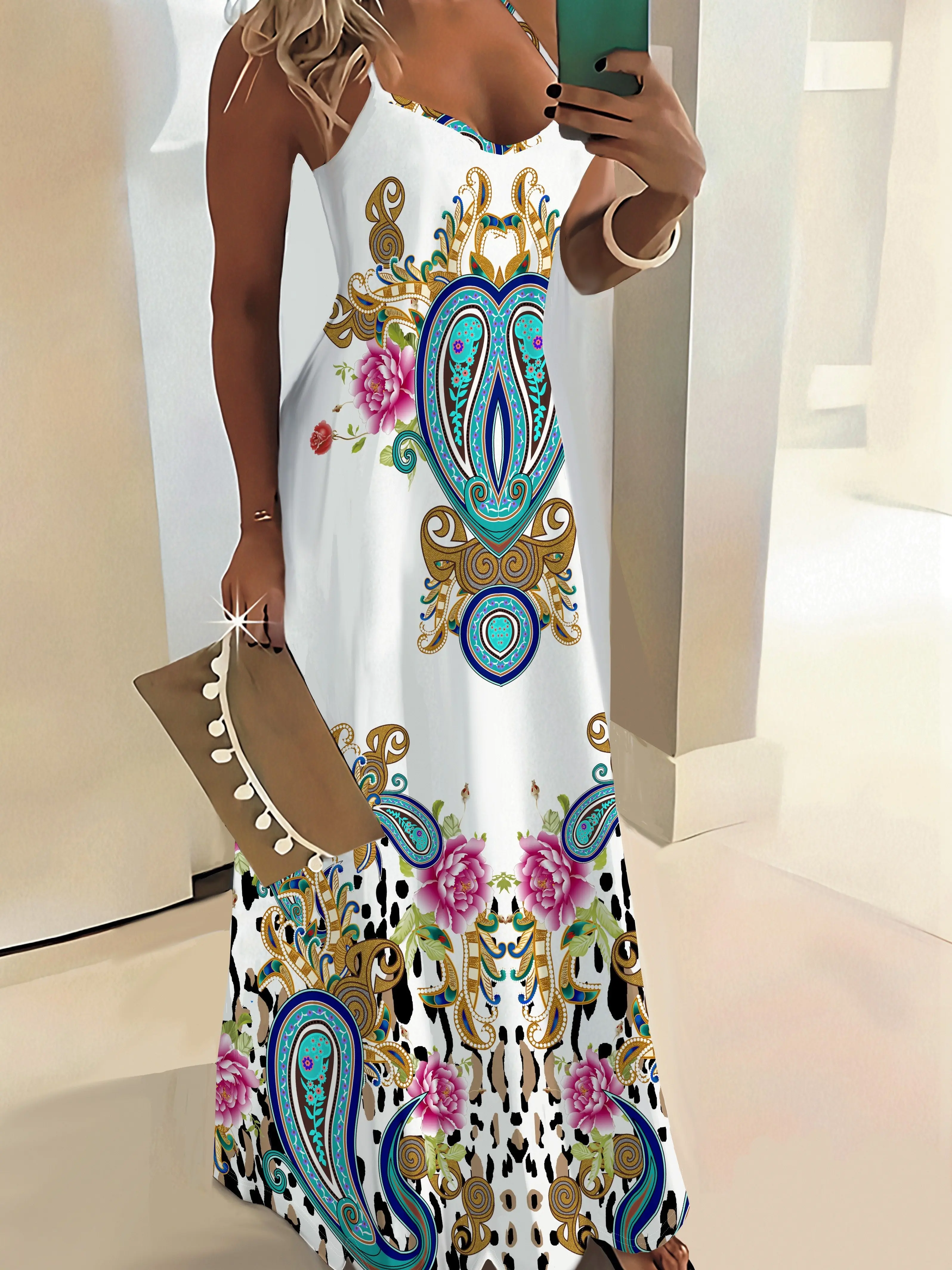 Vacation Dress for Women Floral Paisley Abstract Print Sleeveless Shift Dress Round Neck Summer Casual Maxi Dress Beach Party