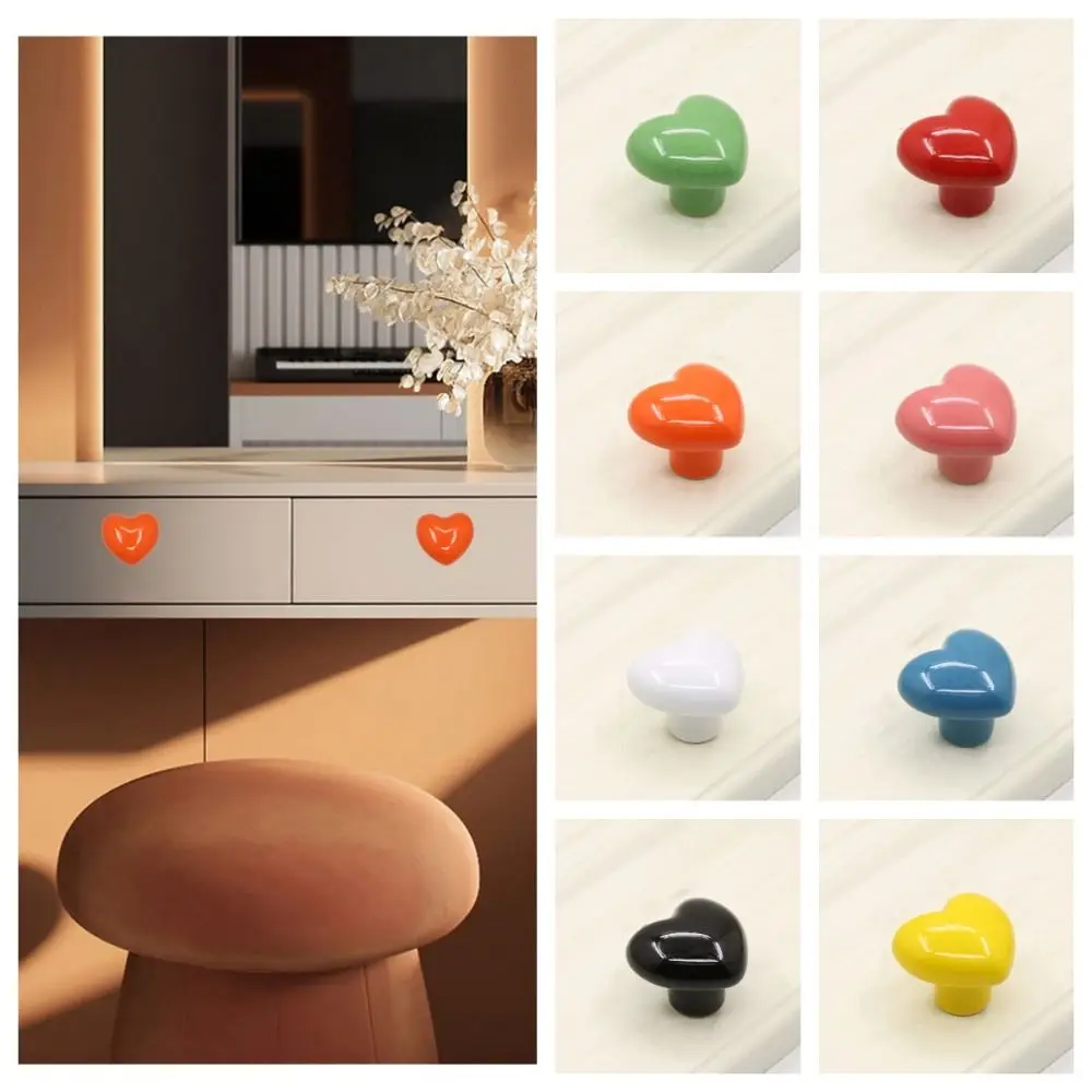 Cute Single Hole Heart Shaped Door Handles No- punching Colored Door Pull Handles Ceramic Heart-shaped Drawer Knobs Wardrobe