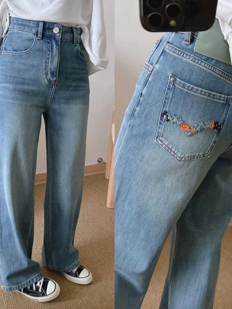 

High Waist Straight Leg Denim Jeans Women's Slim Fit Vintage Waed Spring Season Flower Embroidery High Quali Ice Cr