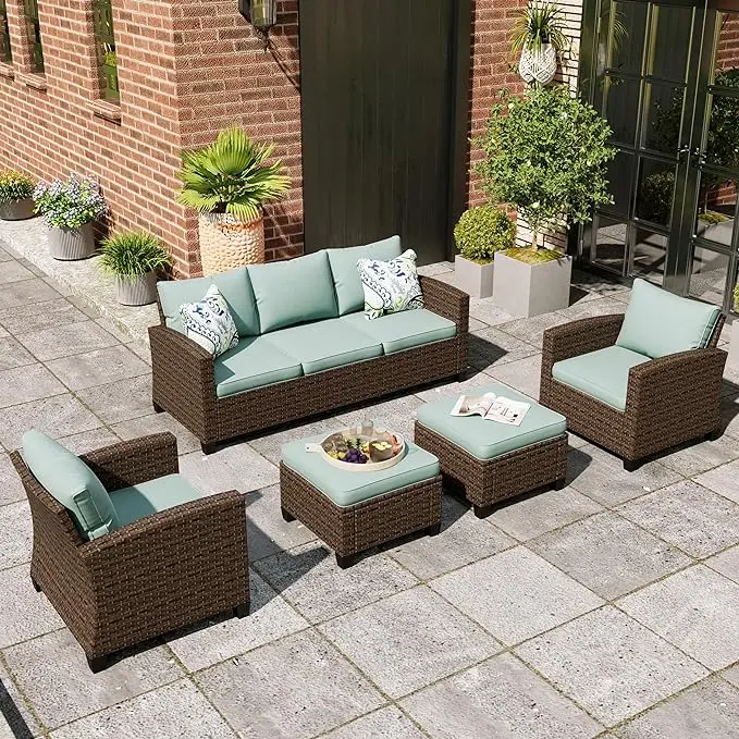 5 Pcs Wicker Outdoor Conversation Set, 2 x Single Chairs, 1 x 3 Seater Sofa and 2 x Ottoman with 4