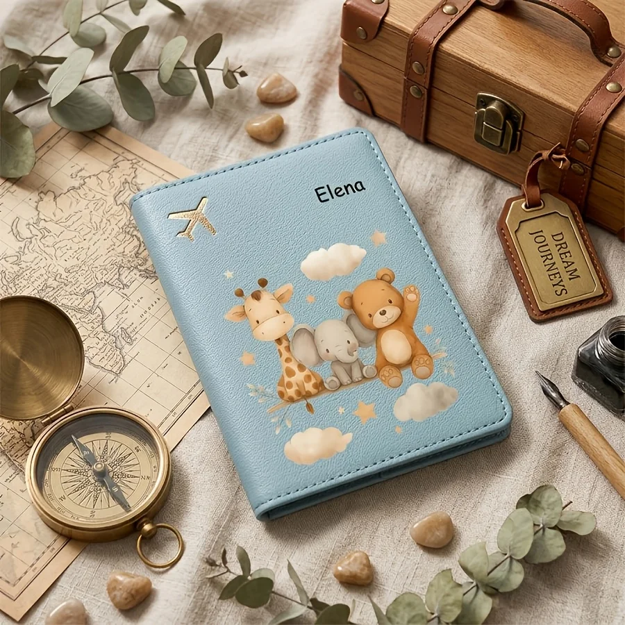 A Cute Cartoon Passport Cover with Customizable Name and Text. Universal Airplane Passport Protector