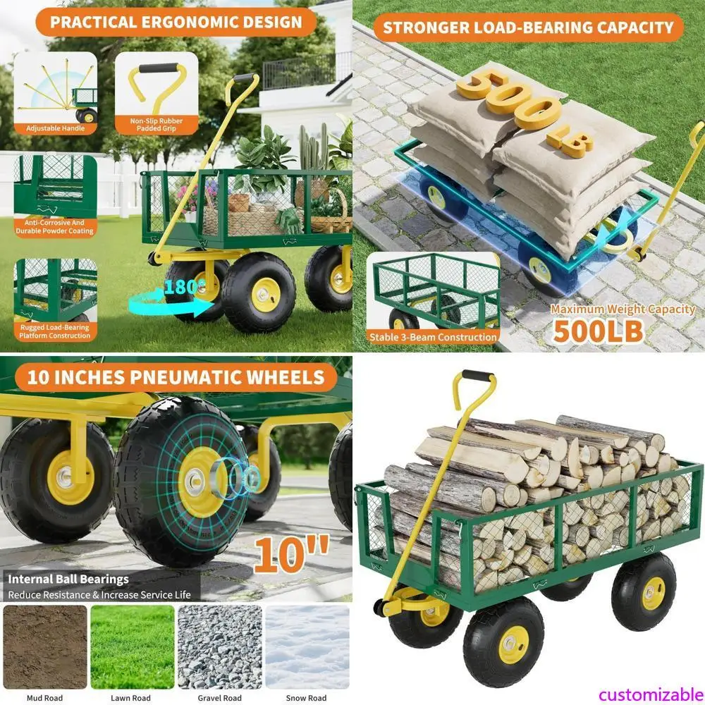 

500 Pound Capacity Dual-Purpose Steel Garden Cart with 10 Inch All-Terrain Tires and Detachable Mesh Sides