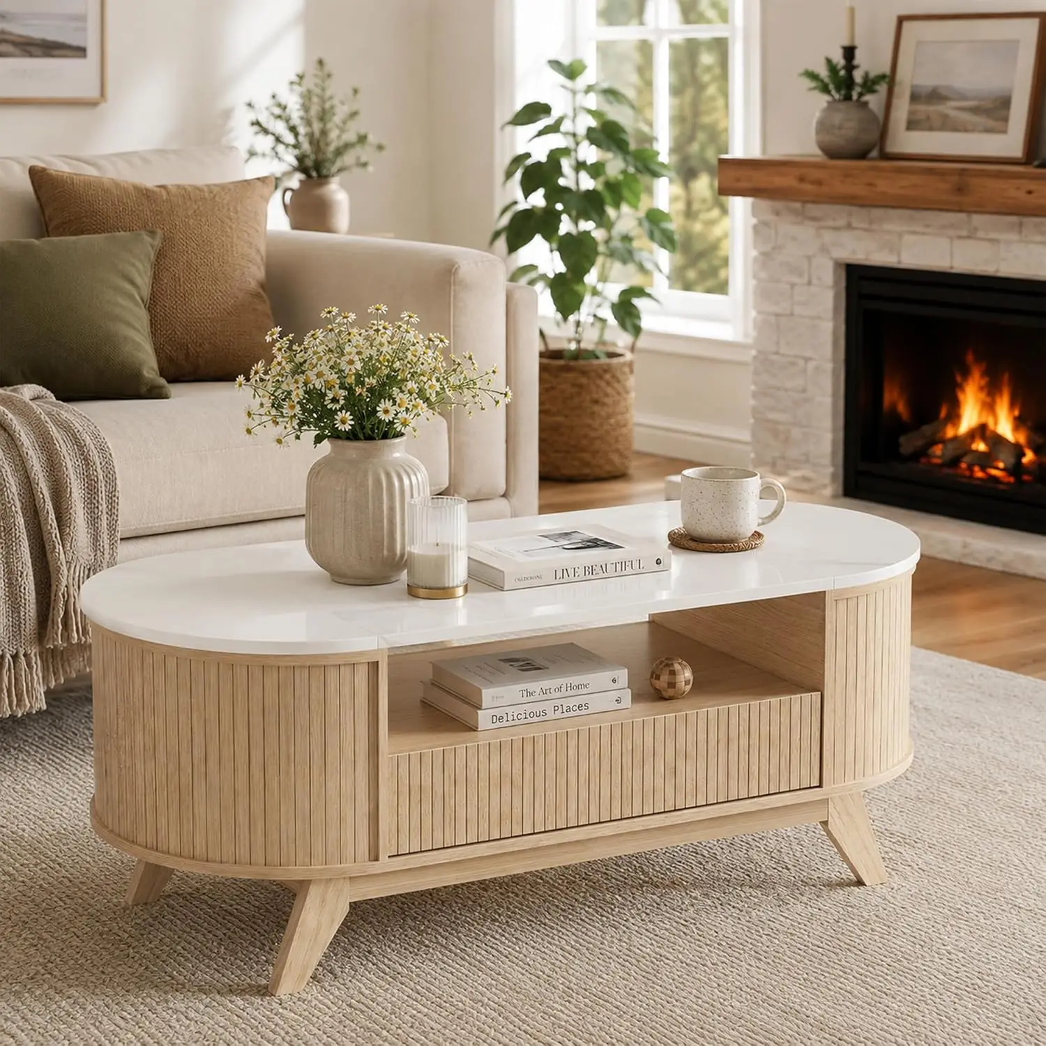 Fluted Oval Coffee Table With Drawer, Modern Living Room Center Table, 46.4