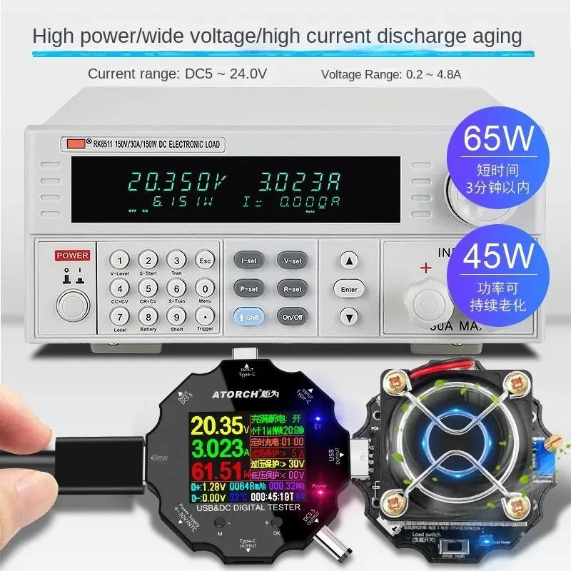 Battery tester electronic load 65W monitoring indicators discharge charging usb meter 5v 12v 24v power detector