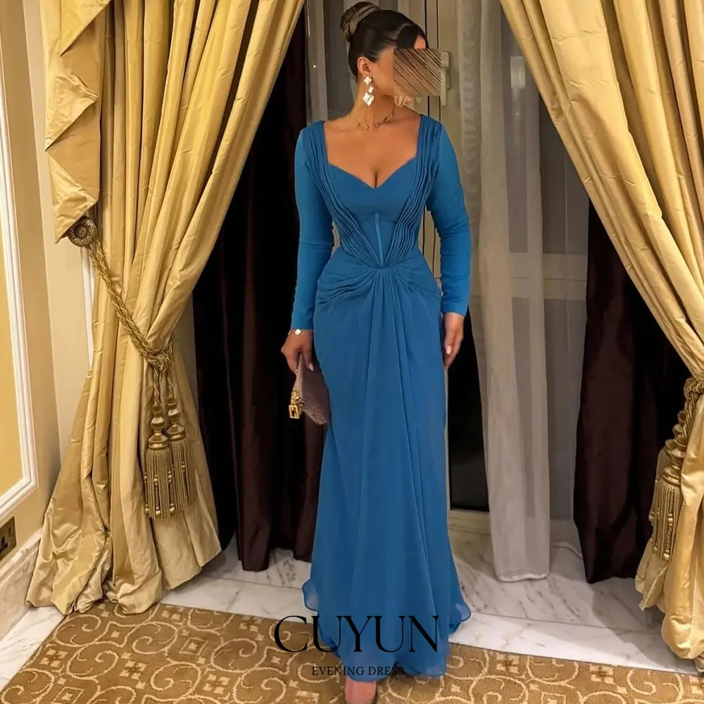 

CUYUN Blue V-Neck Evening Dresses Elegant Chiffon Woman Wedding Party Dress Formal Ruched Mermaid Long Sleeve Customized